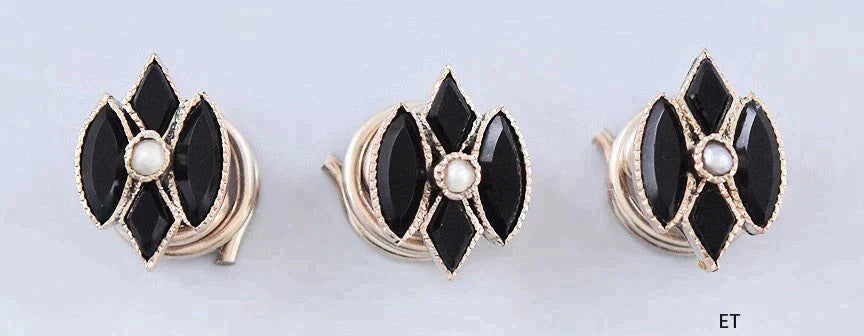 Handsome set 3 Victorian 14k Gold Pearl & Onyx / Black Glass Shirt Studs Buttons