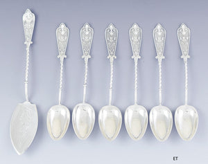 1879 Nice set 6 David Andersen Norwegian Silver Coffee Spoons w / Pastry Server