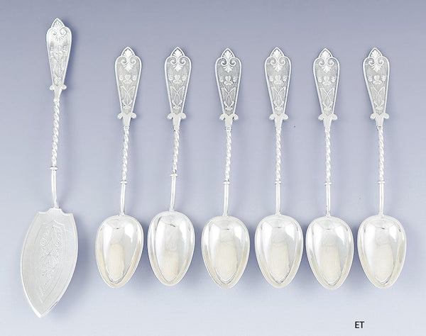 1879 Nice set 6 David Andersen Norwegian Silver Coffee Spoons w / Pastry Server