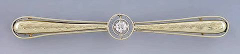 Superb 14K Yellow Gold Diamond Engraved/Textured Bar Pin Brooch