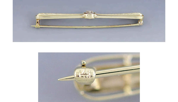 Superb 14K Yellow Gold Diamond Engraved/Textured Bar Pin Brooch