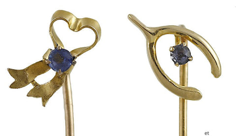 2 Charming 14k Gold & Sapphire Stickpins Heart Ribbon Wishbone