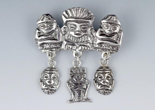 Wonderful Pair South American 900 Silver Pins Traditional Incan Mayan Figures