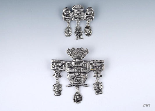 Wonderful Pair South American 900 Silver Pins Traditional Incan Mayan Figures