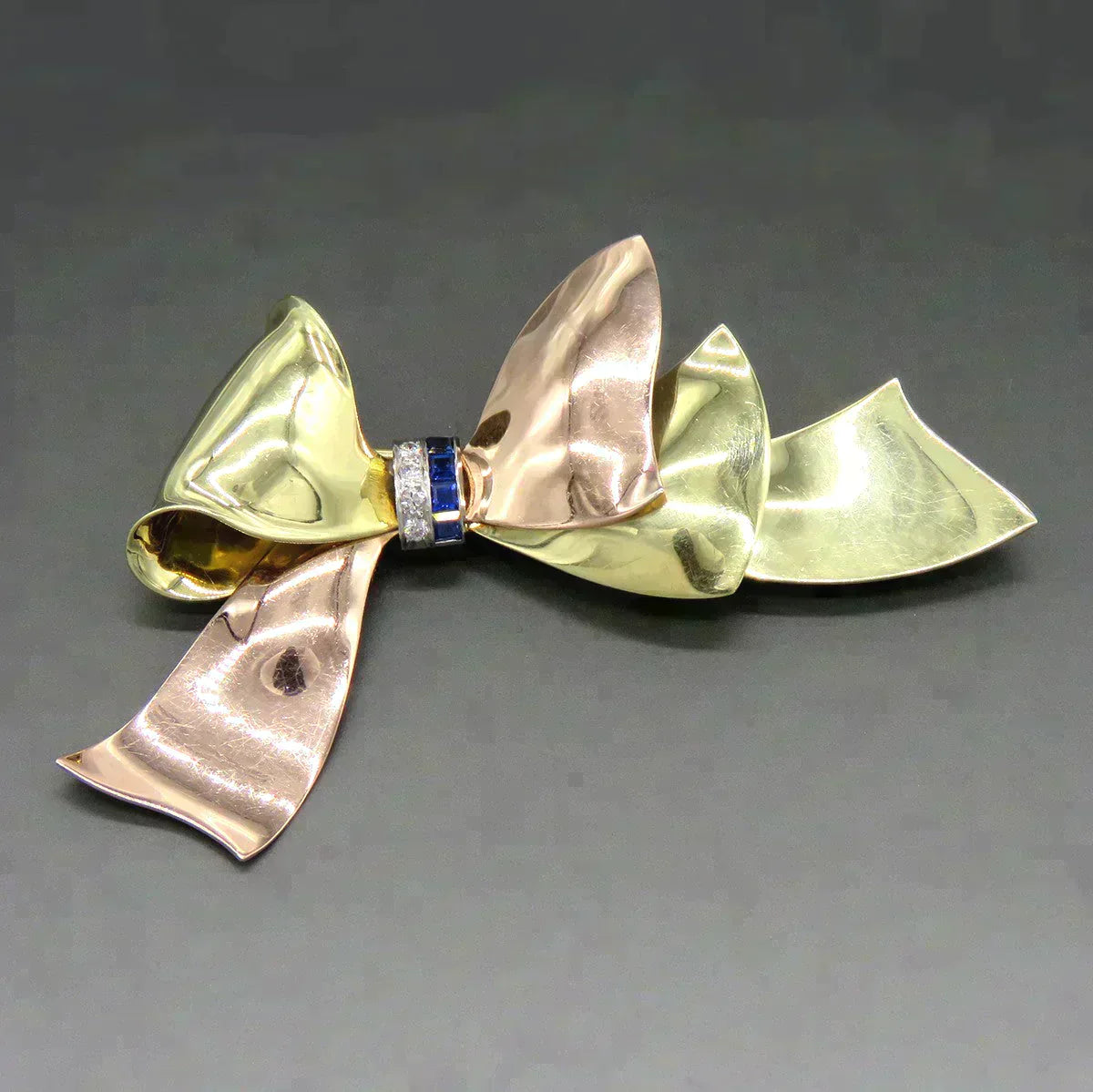 Tiffany Co Retro 2 Tone 14K Yellow Rose Gold Diamond Sapphire Ribbon Bow Brooch