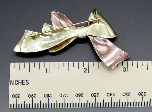 Tiffany Co Retro 2 Tone 14K Yellow Rose Gold Diamond Sapphire Ribbon Bow Brooch