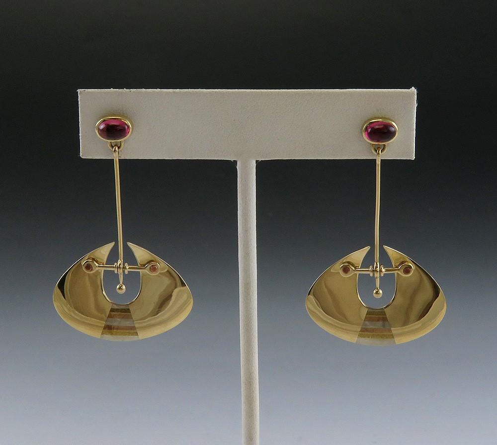 Stunning Pair Artisan 14k Yellow Gold Pink Tourmaline Inlay Dangle Drop Earrings