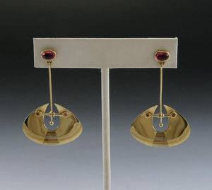 Stunning Pair Artisan 14k Yellow Gold Pink Tourmaline Inlay Dangle Drop Earrings