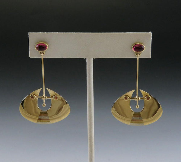 Stunning Pair Artisan 14k Yellow Gold Pink Tourmaline Inlay Dangle Drop Earrings