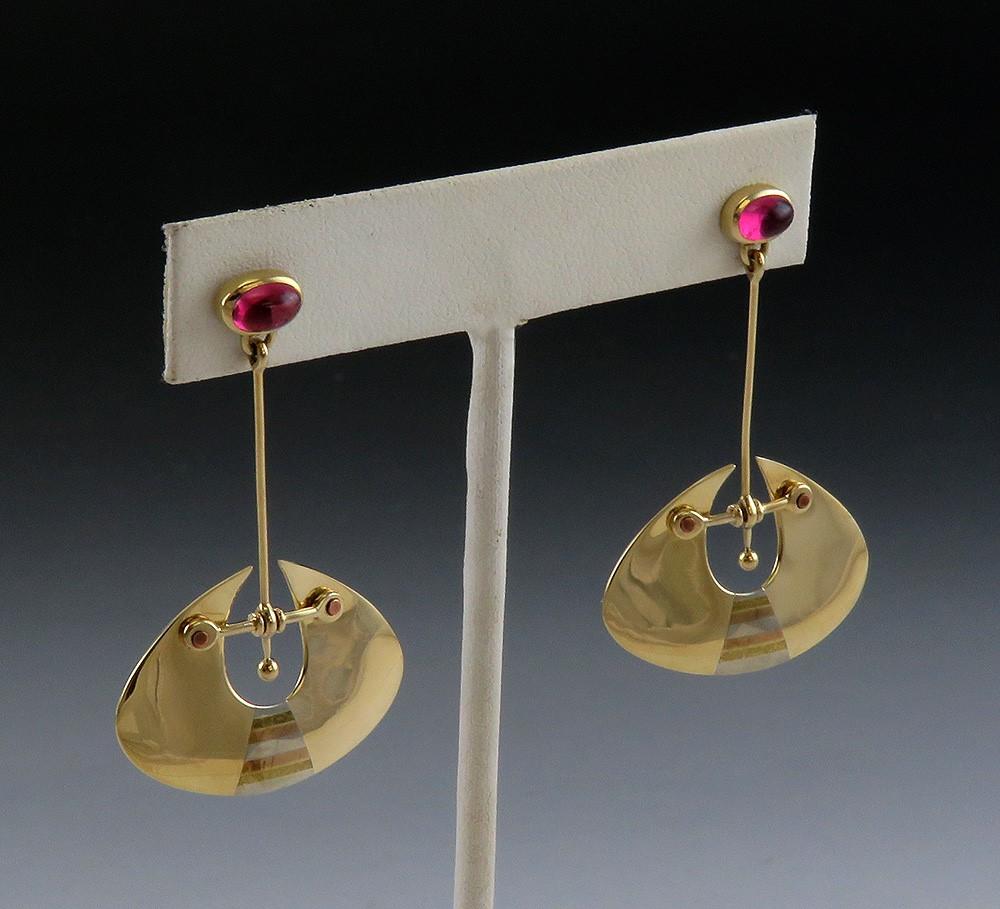 Stunning Pair Artisan 14k Yellow Gold Pink Tourmaline Inlay Dangle Drop Earrings