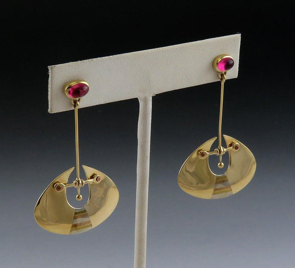 Stunning Pair Artisan 14k Yellow Gold Pink Tourmaline Inlay Dangle Drop Earrings