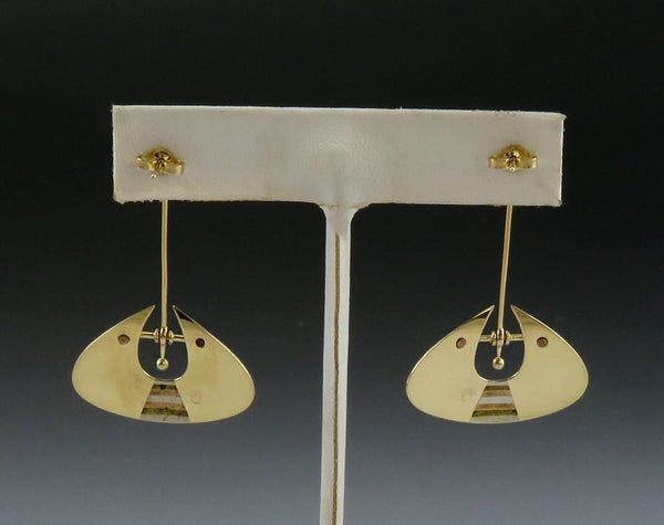 Stunning Pair Artisan 14k Yellow Gold Pink Tourmaline Inlay Dangle Drop Earrings