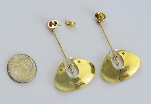 Stunning Pair Artisan 14k Yellow Gold Pink Tourmaline Inlay Dangle Drop Earrings