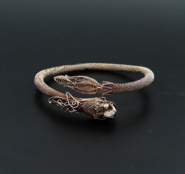 Beautiful c1900 Chinese Silver Filigree Dragon Holding Pearl Bangle Bracelet