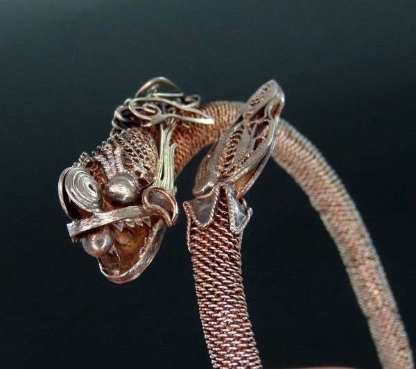 Beautiful c1900 Chinese Silver Filigree Dragon Holding Pearl Bangle Bracelet