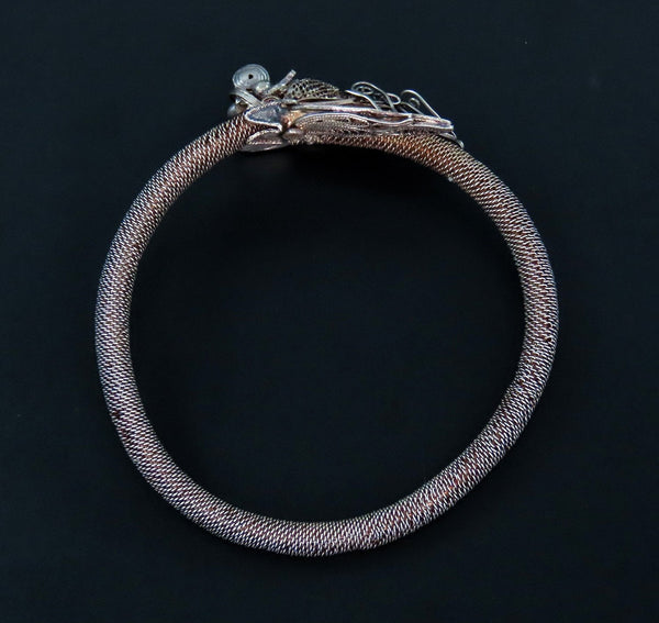 Beautiful c1900 Chinese Silver Filigree Dragon Holding Pearl Bangle Bracelet