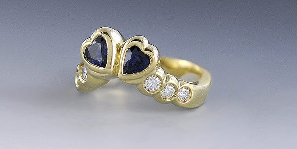 Romantic 18K Gold Sapphire & Diamond Toi et Moi Heart Ring