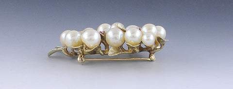 Splendid 14k Yellow Gold Ruby Pearl Leafy Plant Brooch Pin