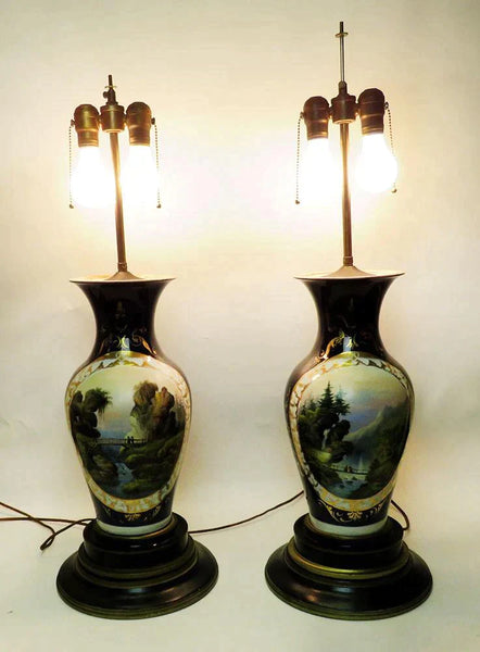Pair Antique c1850 Paris Porcelain Painted Vases Custom Bases Converted Lamps