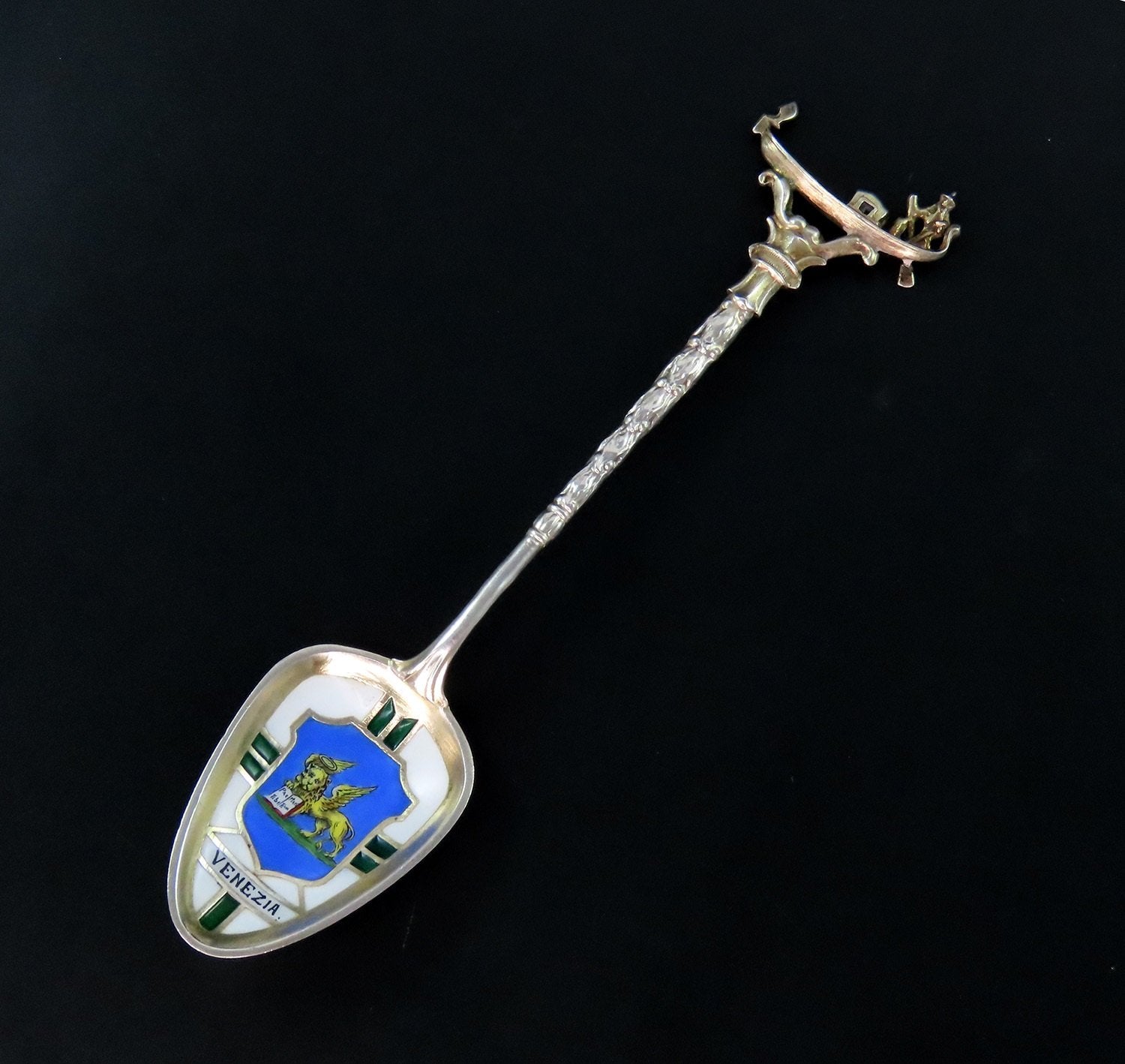 1890s Venezia Venice 800 Silver Enamel Souvenir Spoon w Gondola 4 1/2"