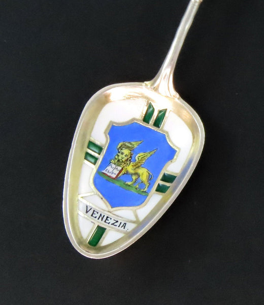 1890s Venezia Venice 800 Silver Enamel Souvenir Spoon w Gondola 4 1/2"