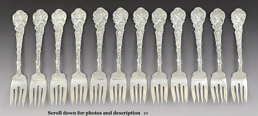 12 Antique Art Nouveau Sterling Silver Gorham Versailles Fish Salad Forks 6 1/2"