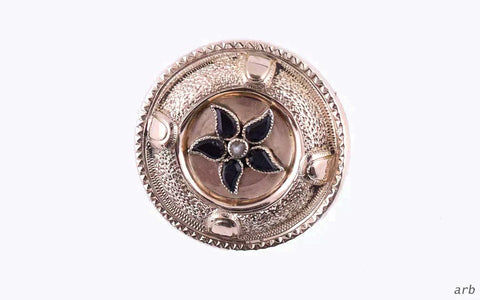 14k Yellow Gold and Black Onyx Old Fashioned Round Floral Pin w/ Seed Pearl