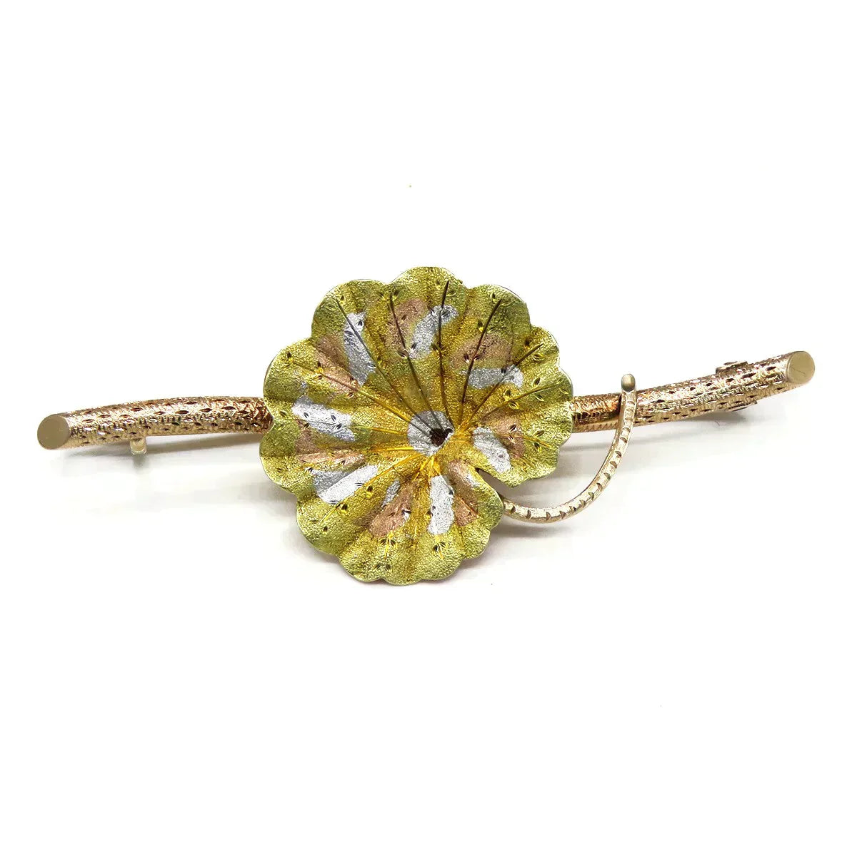 Antique Victorian 14K Yellow Rose White Gold Lilypad Flower Bar Pin Brooch