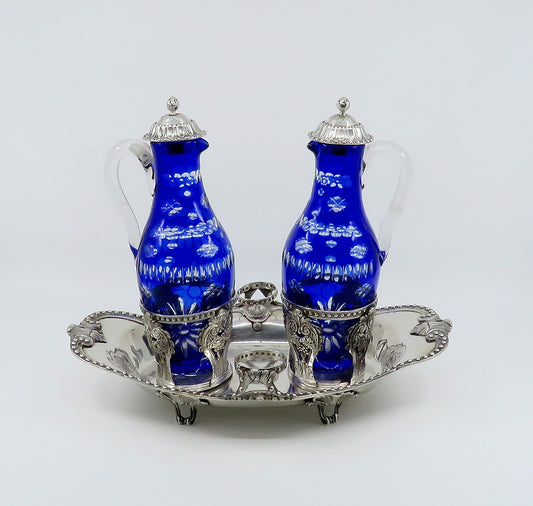 Superb French Pre Revolution c1760s Silver Cruet Stand w Cut Blue Glass Bottles