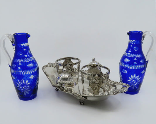 Superb French Pre Revolution c1760s Silver Cruet Stand w Cut Blue Glass Bottles