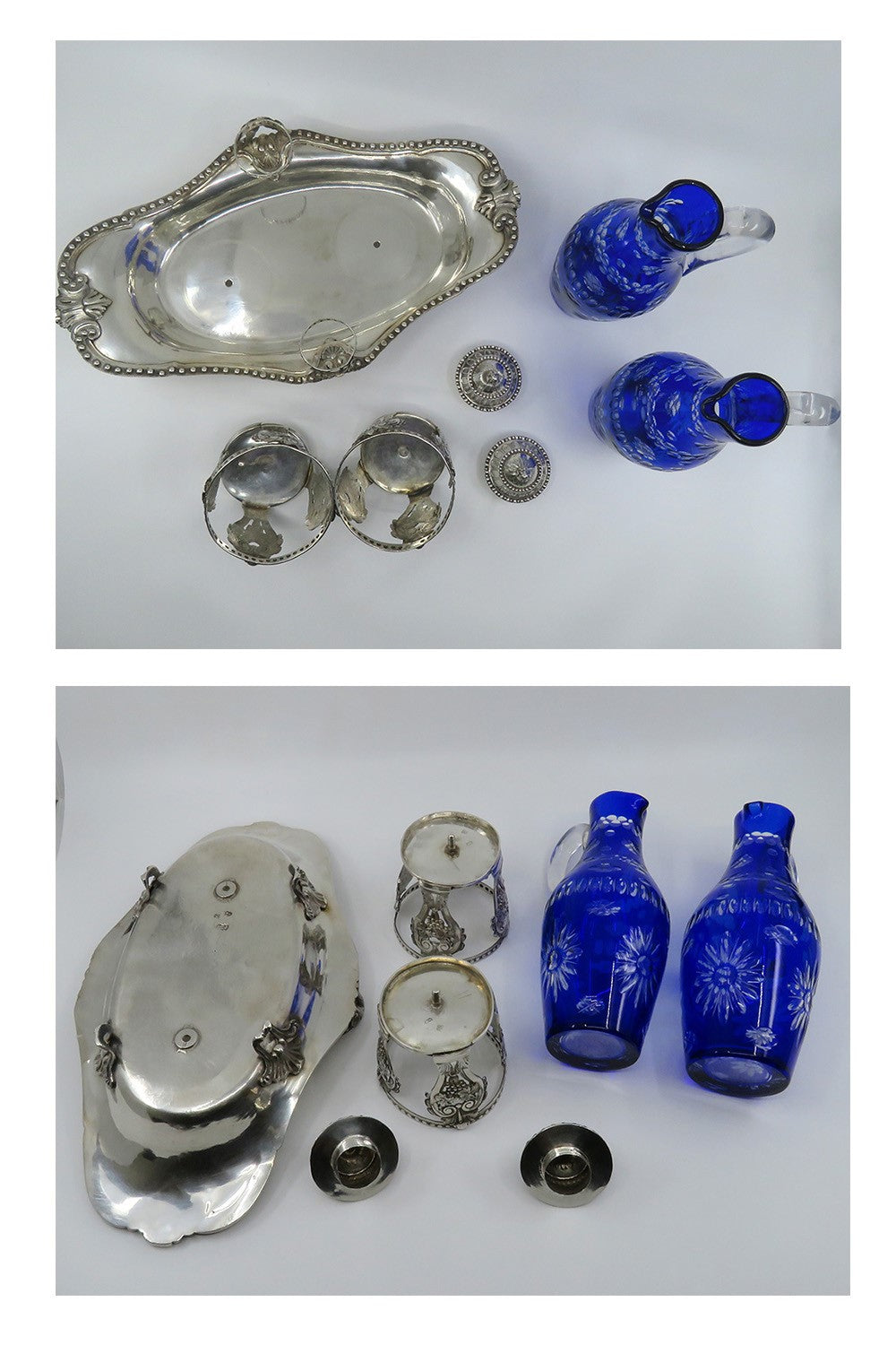 Superb French Pre Revolution c1760s Silver Cruet Stand w Cut Blue Glass Bottles