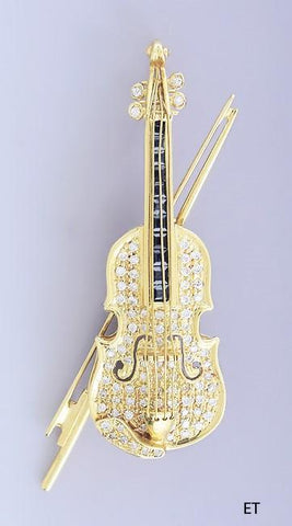 Stunning 18k Gold Diamond & Sapphire Violin Pin Brooch Pendant