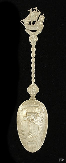 Antique Dutch Silver Repousse Mother Joy Sailing Ship Genre Scene Spoon