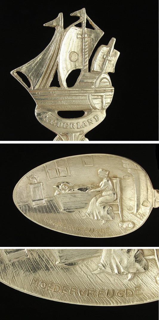 Antique Dutch Silver Repousse Mother Joy Sailing Ship Genre Scene Spoon