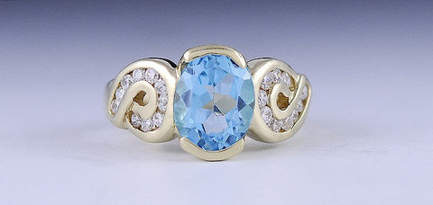 Gorgeous 14K Yellow Gold ~2.57CT Blue Topaz & Diamond Scroll Ring Size 8