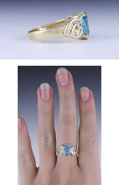 Gorgeous 14K Yellow Gold ~2.57CT Blue Topaz & Diamond Scroll Ring Size 8