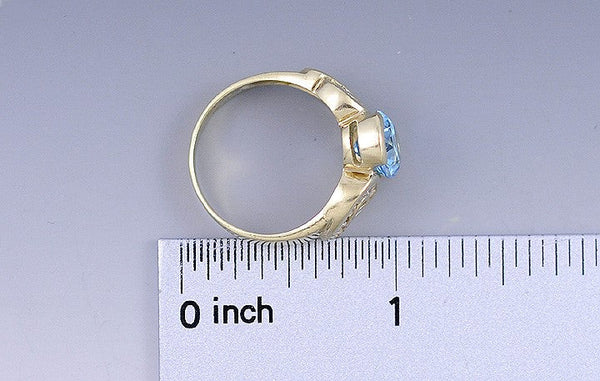Gorgeous 14K Yellow Gold ~2.57CT Blue Topaz & Diamond Scroll Ring Size 8