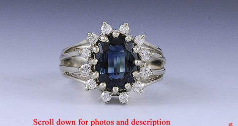 Stunning 14K White Gold Blue Sapphire and Diamond Ring Size 6