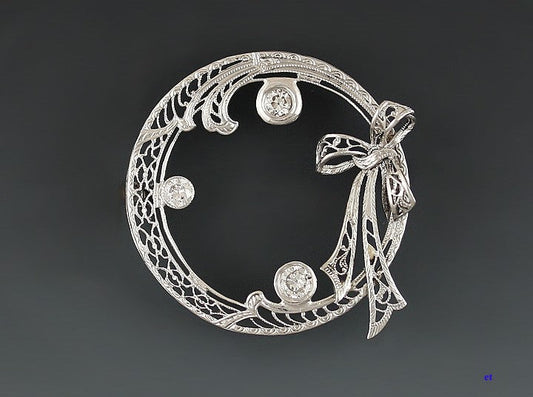Antique American 14K White Gold & Diamond Circle Pin Brooch