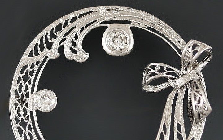 Antique American 14K White Gold & Diamond Circle Pin Brooch