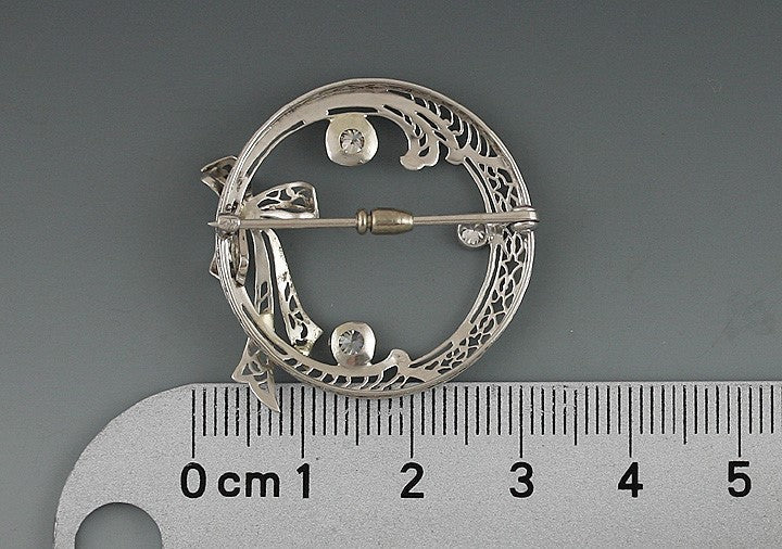 Antique American 14K White Gold & Diamond Circle Pin Brooch