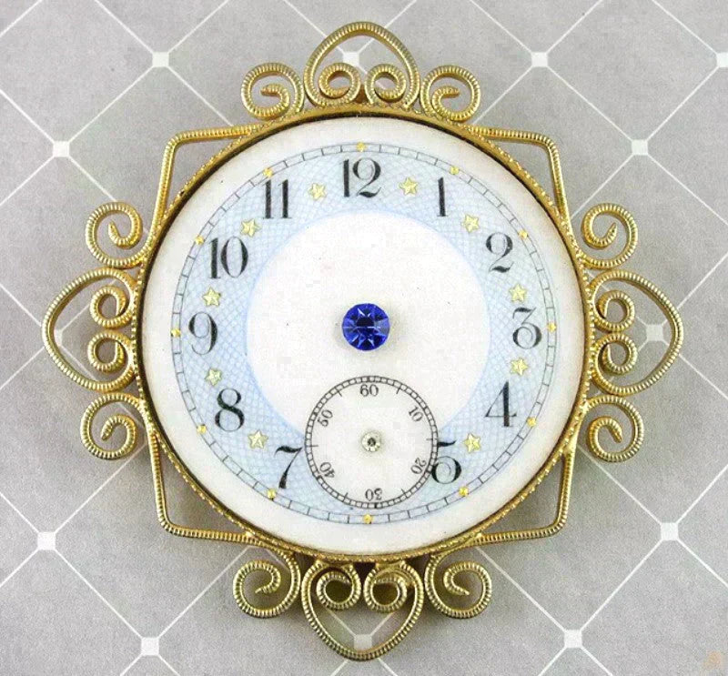 Antique Enameled Pocket Watch Face Rhinestone Pin Pendant