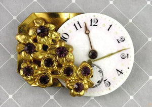 Antique Watch Face Purple Rhinestone Pin Unique