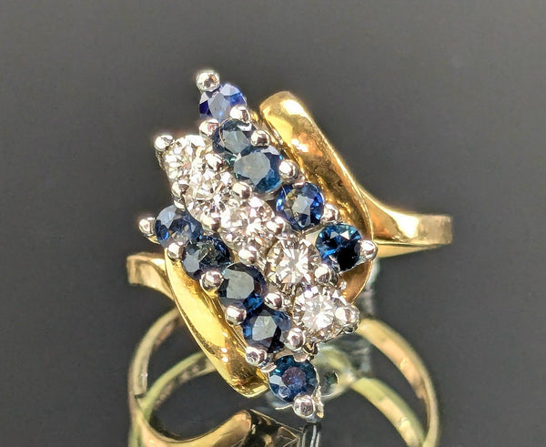 Elegant 14k Yellow Gold 5 Diamond 10 Sapphire Waterfall Ring