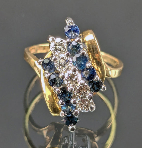 Elegant 14k Yellow Gold 5 Diamond 10 Sapphire Waterfall Ring