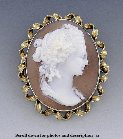 14k Yellow Gold Frame Pink Shell Cameo Pretty Woman Brooch Pin