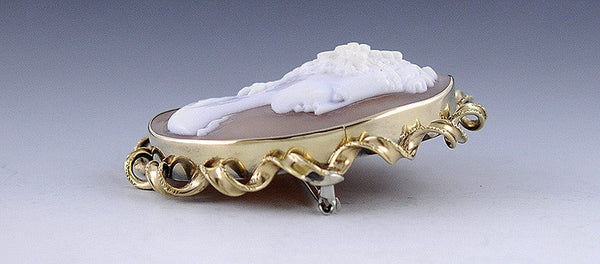 14k Yellow Gold Frame Pink Shell Cameo Pretty Woman Brooch Pin