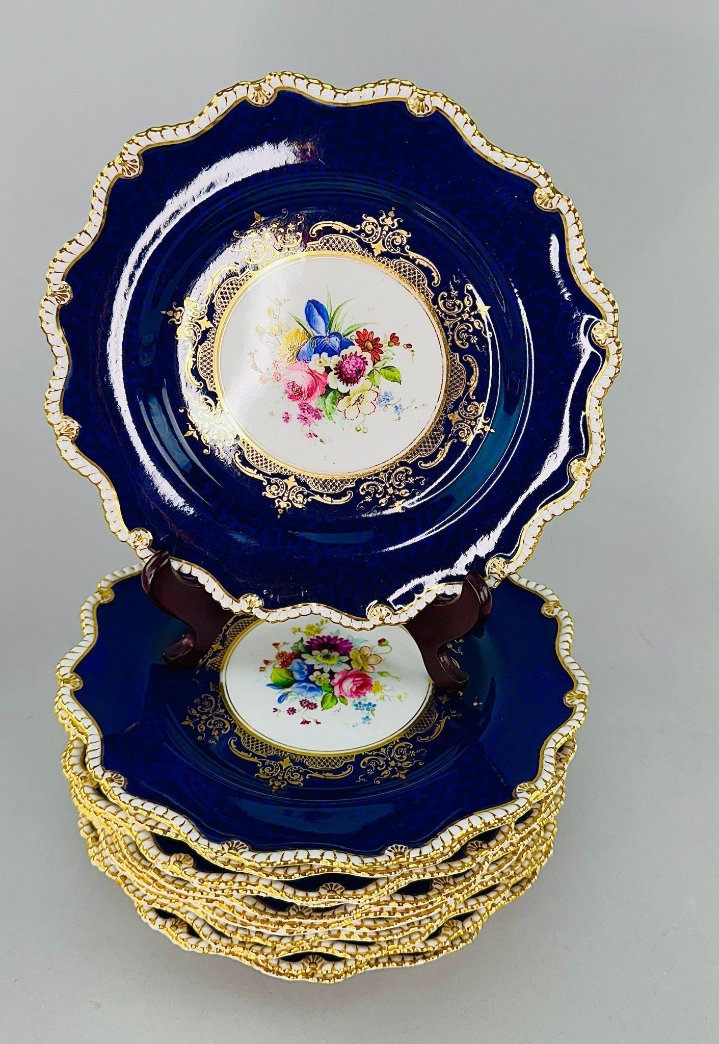 Fantastic Set 12 1903 Royal Worcester Cobalt Blue Handpainted Floral Plates
