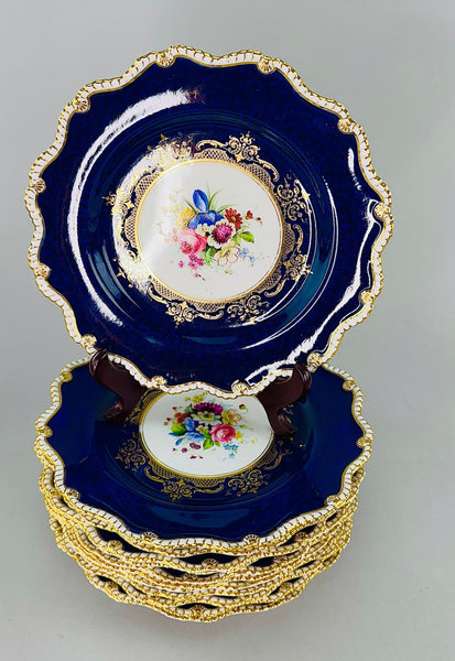 Fantastic Set 12 1903 Royal Worcester Cobalt Blue Handpainted Floral Plates