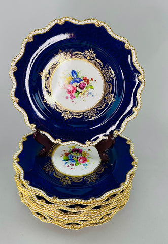 Fantastic Set 12 1903 Royal Worcester Cobalt Blue Handpainted Floral Plates